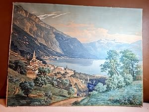 Seller image for Alpensee mit Stadt. Aquarell auf strkerem Papier, rechts unten mit *C. Mackeldey* signiert. for sale by Antiquariat Friederichsen