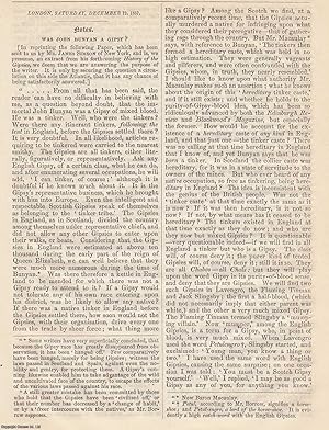 Bild des Verkufers fr Was John Bunyan a Gipsy ? An original article from the Notes and Queries journal, 1857. zum Verkauf von Cosmo Books