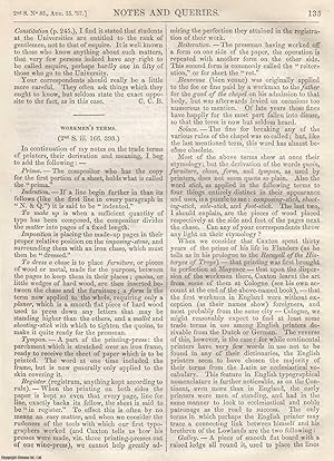 Bild des Verkufers fr Printer's Words; Workmen's Terms. A group of short articles from the Notes and Queries journal, 1857. zum Verkauf von Cosmo Books