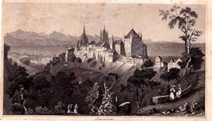 Bild des Verkufers fr Fernansicht von einer Anhhe, im Vordergrund die Burg. Stahlstich. zum Verkauf von Antiquariat Heinz Tessin