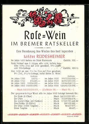 Künstler-Ansichtskarte Rüdesheim, Gasthaus Bremer Ratskeller, Rüdesheimer Rose-Wein, Reklame