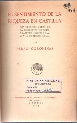 Seller image for El sentimiento de la riqueza en Castilla . for sale by Librera Astarloa
