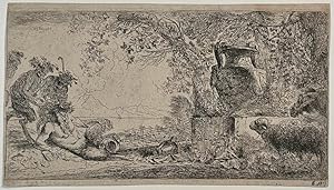 Antique print, etching I Pan resting by a big vase, published ca. 1643-1647, 1 p.