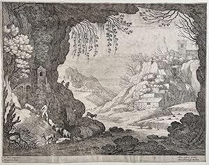 Antique print, etching I Italian landscape from a grotto, published c. 1605, 1 p.