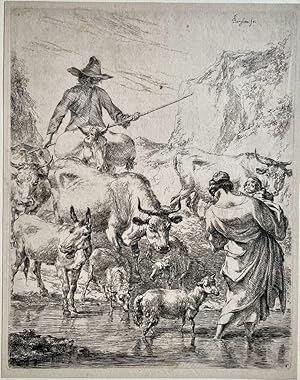 Antique print, etching I The Herd crossing the Brook, published ca. 1650, 1 p.