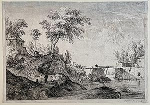 Antique print, etching I Landscape with a wooden bridge, published 1763, 1 p.