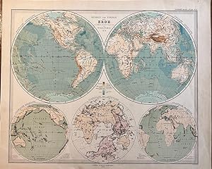 Cartography World 1879 | Coloured world map: Höhen und tiefen der Erde in Lambert's Zenithal Proj...