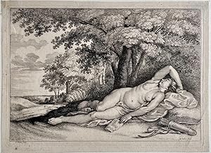 Antique print, etching I Huntress Diana sleeping (Diana goding van de jacht) , published ca. 1644...