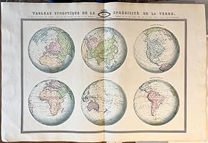 Cartography World 1860 | Coloured Tableau synoptique de la spheriticite de la terre, six part ove...