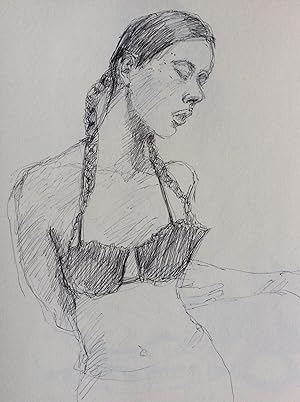 Original Pen Drawing of Young Woman in Bra