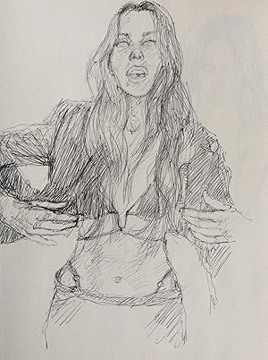 Original Pen Drawing of Model with Open Shirt