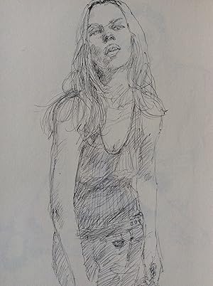 Original Pen Drawing of Young Woman with Long Hair in Sleeveless Top