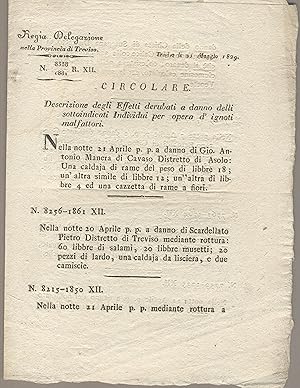 Circolare. Descrizione degli effetti derubata a danno delli sottoindicati Individui per opera d'i...