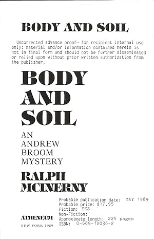 Seller image for BODY AND SOIL for sale by SCENE OF THE CRIME 