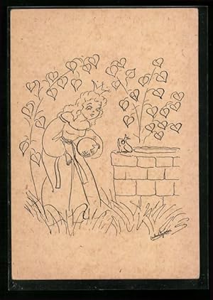 Bild des Verkufers fr Knstler-Ansichtskarte Prinzessin mit Ball am Brunnen mit dem Froschknig, Mrchen zum Verkauf von Bartko-Reher