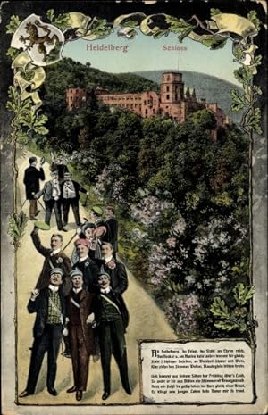 Studentika Ansichtskarte / Postkarte Heidelberg am Neckar, Blick aufs Schloss, Studenten, Wappen