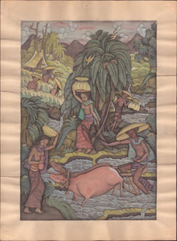 Balinese maiden farmers with water buffalo. . Original watercolor