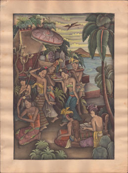 Balinese maiden carrying food and musicians. Original watercolor