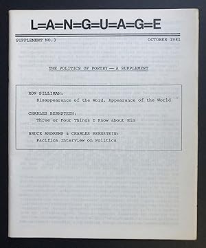 Bild des Verkufers fr L=A=N=G=U=A=G=E Supplement Number 3 (Language, Three; The Politics of Poetry, October 1981) zum Verkauf von Philip Smith, Bookseller