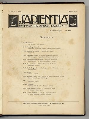 SAPIENTIA. Direttore: Salvatore Lauro. Anno I. 1914. Dal fascicolo n. 1 del 1 aprile 1914 al fasc...