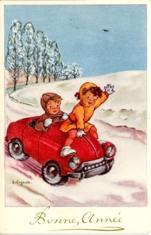Bild des Verkufers fr Glitzer Knstler Ansichtskarte / Postkarte Lagarde, I., Glckwunsch Neujahr, Kinder im roten Auto zum Verkauf von akpool GmbH