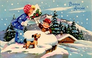 Glitzer Ansichtskarte / Postkarte Glückwunsch Neujahr, Kinder, Geschenk, Hund, Stechpalme