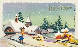 Glitzer Ansichtskarte / Postkarte Glückwunsch Neujahr, Mann auf dem Weg zur Kirche, Dorf, Schnee