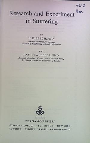 Immagine del venditore per Research and Experiment in Stuttering. Series in Experimental Psychology venduto da books4less (Versandantiquariat Petra Gros GmbH & Co. KG)