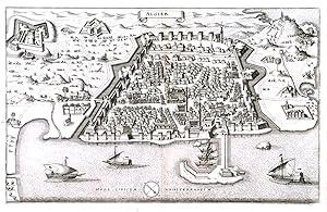 ALGIER. Half birds-eye plan / view of Algiers with fortifications and harbour. Engraved by Meri...