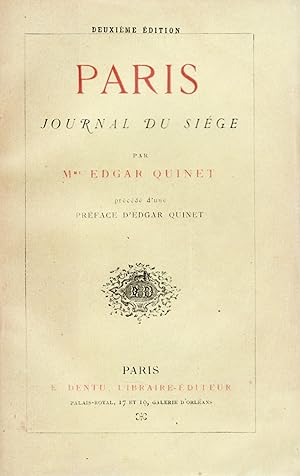 Paris. Journal du Siège. Par Mme Edgar Quinet.