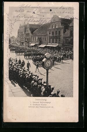 Ansichtskarte Insterburg, Russische Parade 5. Sept. 1914, abgenommen von General Rennenkampf und ...