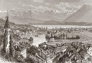 The Lake of Thun or Thunersee in German in the Bernese Oberland region of Switzerland,1881 Antiqu...