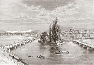 Geneva with Mont Blanc in background on the westernmost part of Lake Geneva in Switzerland, ,1881...