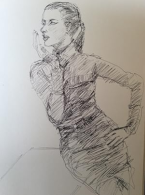 Original Pen Drawing of Model in Dress