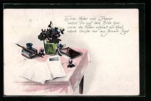 Bild des Verkufers fr Ansichtskarte Tinte, Feder und Papier auf dem Tisch, Schreibfaul zum Verkauf von Bartko-Reher