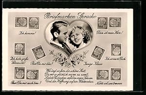 Bild des Verkufers fr Ansichtskarte Briefmarkensprache mit verliebtem Paar und Liebesgedicht zum Verkauf von Bartko-Reher