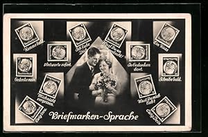 Bild des Verkufers fr Ansichtskarte Briefmarkensprache, Antworte sofort, Schreibe bald, Ein Kuss, Liebespaar zum Verkauf von Bartko-Reher