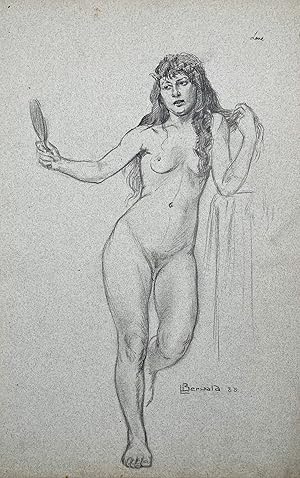 Bild des Verkufers fr (Stehender weiblicher Akt mit Spiegel in der Hand / Standing female nude with mirror in hand) zum Verkauf von Antiquariat Steffen Vlkel GmbH