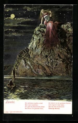 Bild des Verkufers fr Ansichtskarte Lorelei und Fischer in einer Mondnacht zum Verkauf von Bartko-Reher