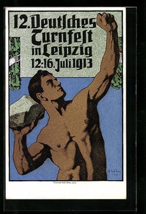 Bild des Verkufers fr Ansichtskarte Leipzig, 12. Deutsches Turnfest 1913, Mann beim Steinwurf zum Verkauf von Bartko-Reher
