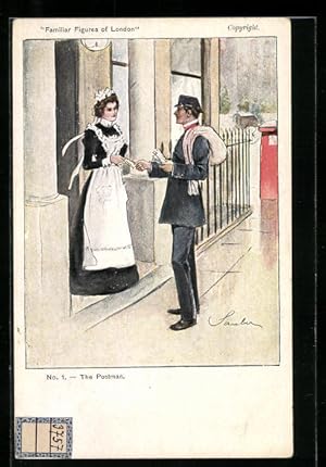 Seller image for Ansichtskarte Familiar Figures of London, The Postman, Postbote bergibt dem Hausmdchen einen Brief for sale by Bartko-Reher