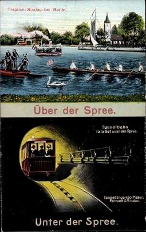 Ansichtskarte / Postkarte Treptow Berlin, Ruderpartie über die Spree, Tunnelbahn unter der Spree
