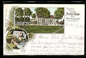 Lithographie Bad Oppelsdorf, Hotel Annenhof von E. Loos, Zwei Frauen beim Baden