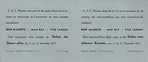 Image du vendeur pour Exposition de trois peintres surralistes : Ren Magritte   Man Ray   Yves Tanguy : invitation. mis en vente par Librairie Jean-Yves Lacroix