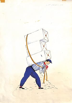 Seller image for Lanvin Paris Sailor Delivering Perfume Boxes c1950s Advertising Artwork for sale by The Cary Collection
