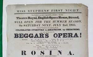 Theater playbill for Miss Stephens' First Night . July 2nd, 1825 . Beggars Opera . Rosina . Spoil...