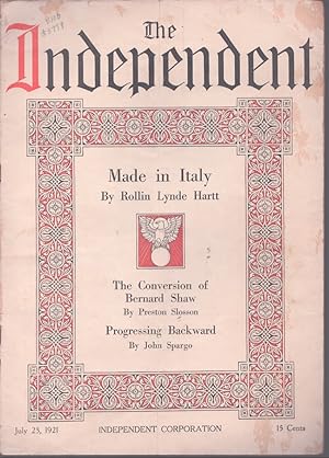 Bild des Verkufers fr THE INDEPENDENT - JULY 23, 1921 Made in Italy - the Conversion of Bernard Shaw - Progressing Backward zum Verkauf von Neil Shillington: Bookdealer/Booksearch