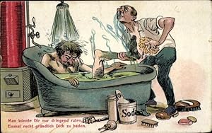Bild des Verkufers fr Ansichtskarte / Postkarte Mann in der Badewanne, Man knnte Dir nur dringend raten, Einmal recht grndlich Dich zu baden zum Verkauf von akpool GmbH