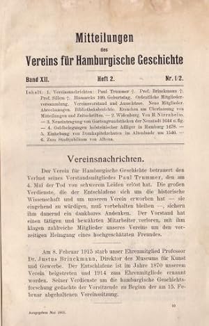 Bild des Verkufers fr des Vereins fr Hamburgische Geschichte. Band XII, Heft 2, Nr. 1/2. zum Verkauf von Antiquariat Heinz Tessin