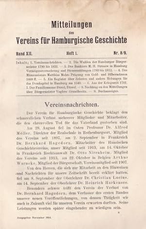 Bild des Verkufers fr des Vereins fr Hamburgische Geschichte. Band XII, Heft 8/9. zum Verkauf von Antiquariat Heinz Tessin